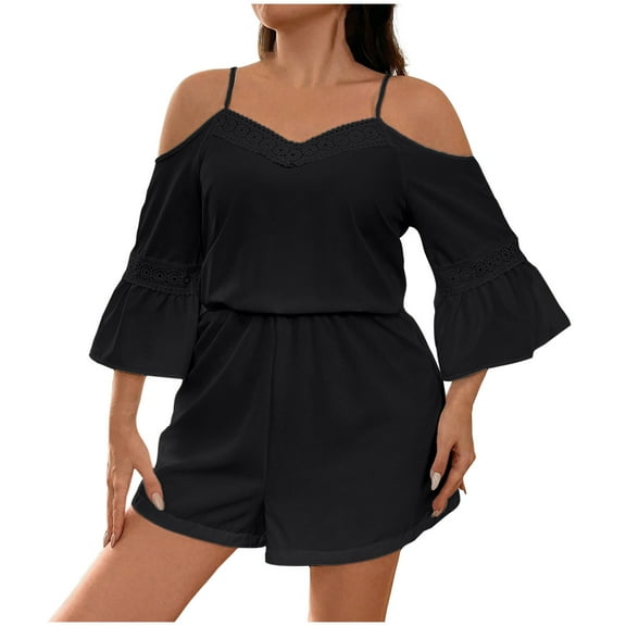 Uaswgudfs Shorts for Women Off-Shoulder Lace-Trimmed Romper - Lightweight Breathable Cotton Blend Beach Summer Comfort Shorts Black 5XL