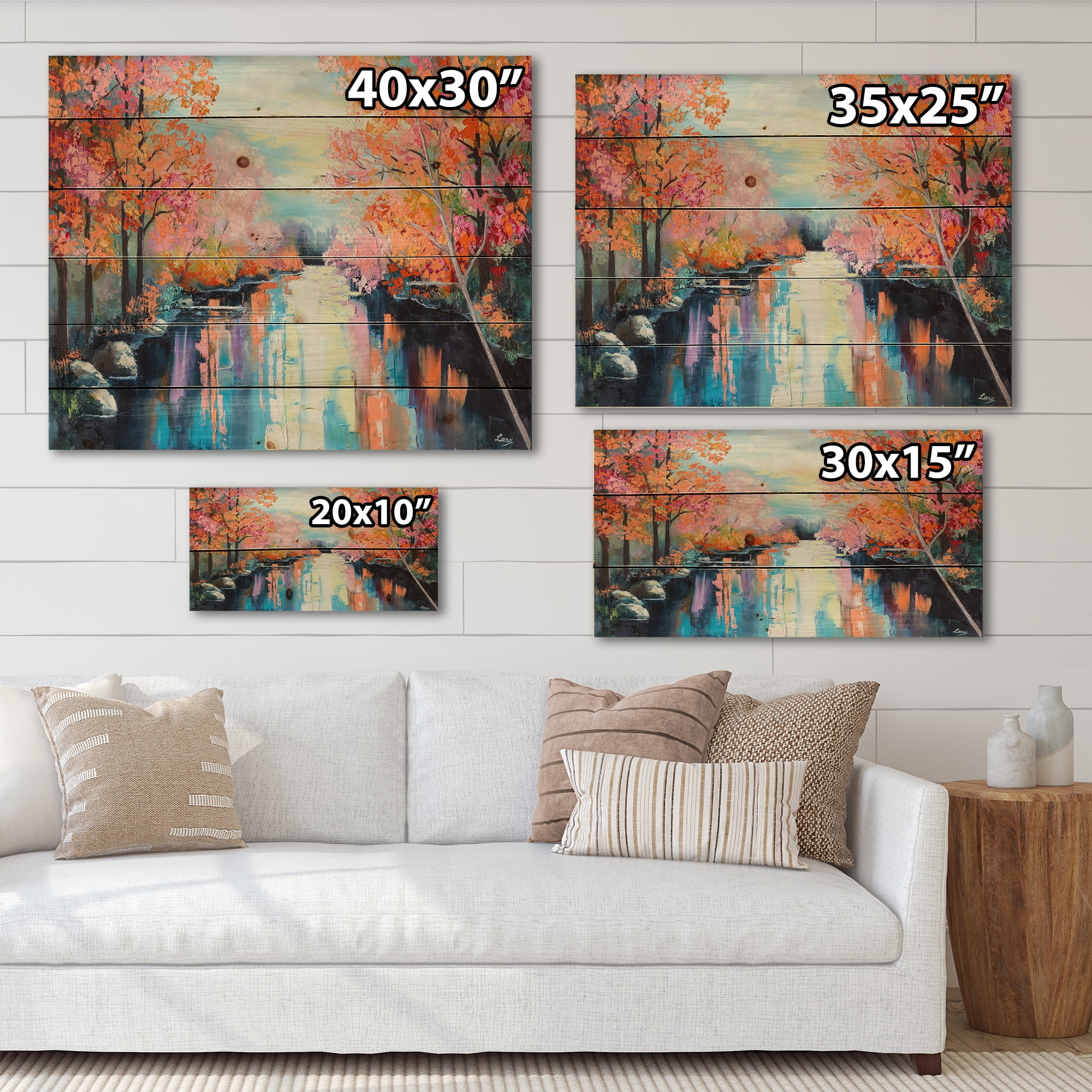 Designart 'The River Through Orange Autumn Forest' Lake House Print on Natural Pine Wood