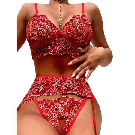 

LAPA Women 3 Piece Lingerie Set with Garter Belt and Bra and Panty Sets Sexy Lace Bodydoll Sleepwear