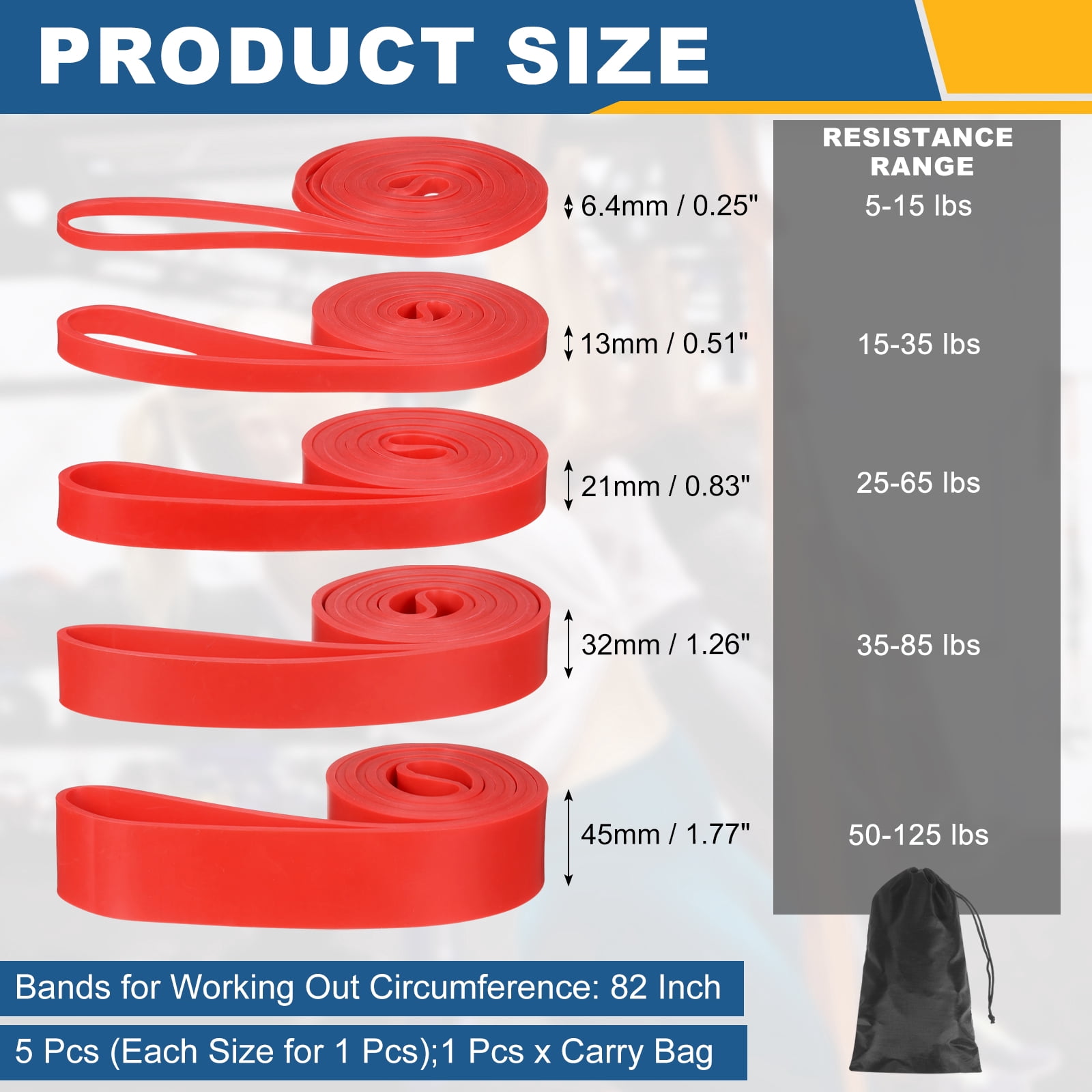 Uxcell Resistance Bands for Working Out, 5 Levels Pull Up Assistance Bands with Carry Bag 5 Pcs & Red -Fitting for (Home/Gym)