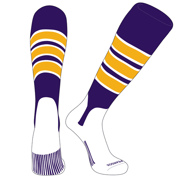 PEAR SOX OTC Baseball Softball Stirrup Socks (C, 5in) Purple, White, Gold (XS)
