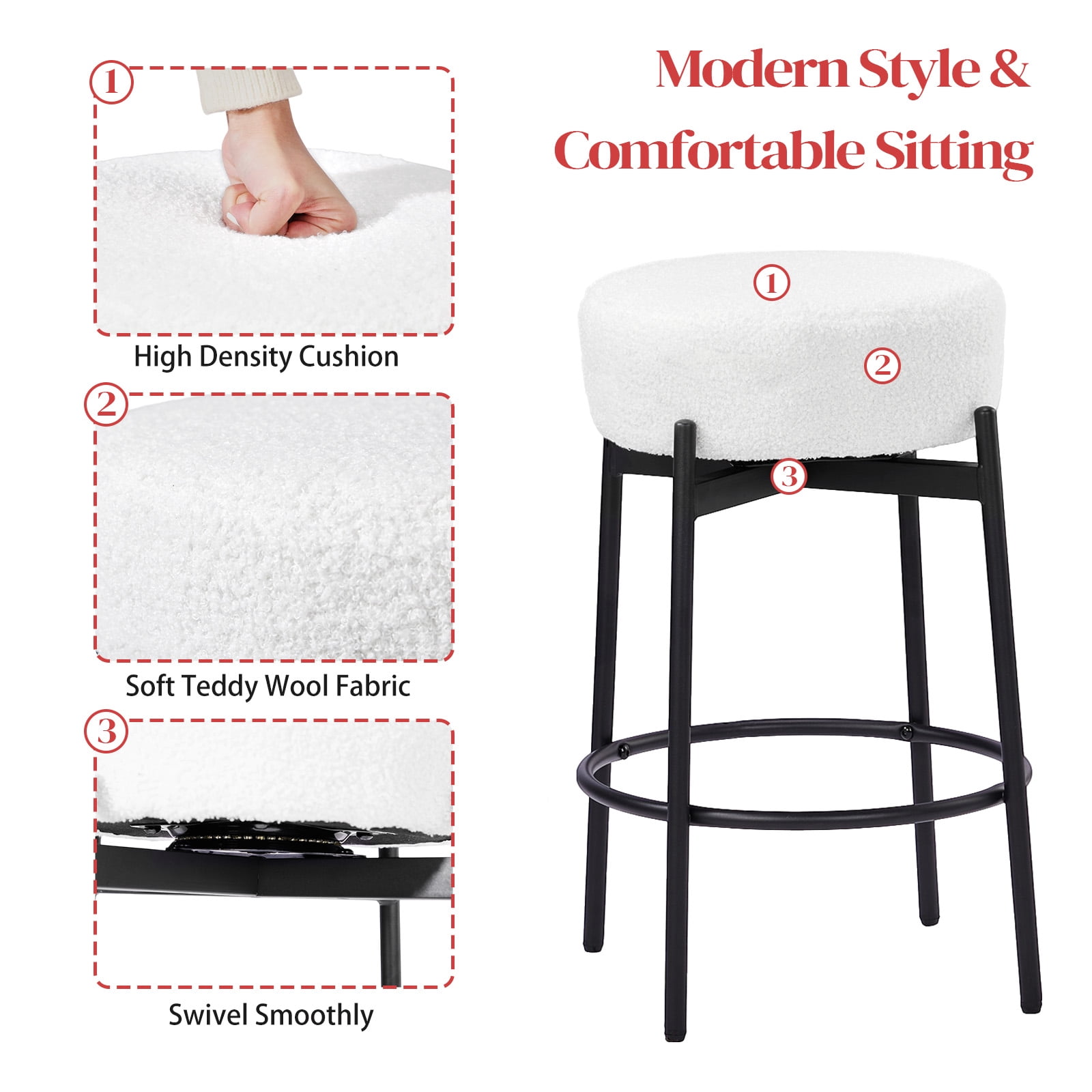 Ktaxon 26" Backless Bar Stools Set of 4, Modern Swivel Barstools with Footrest, Teddy Fleece Padded Counter Height Barstool Chairs 4 pcs, White