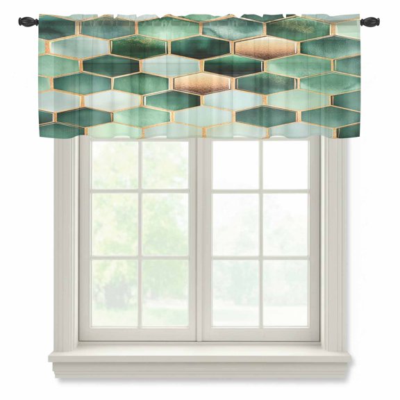Geometric Pattern Sheer Valances for Windows Green Brown Hexagon Collage Art Semi Sheer Kitchen Valance Rod Pocket Small Window Voile Curtains for Living Room Bedroom Laundry 42 x 12 Inch