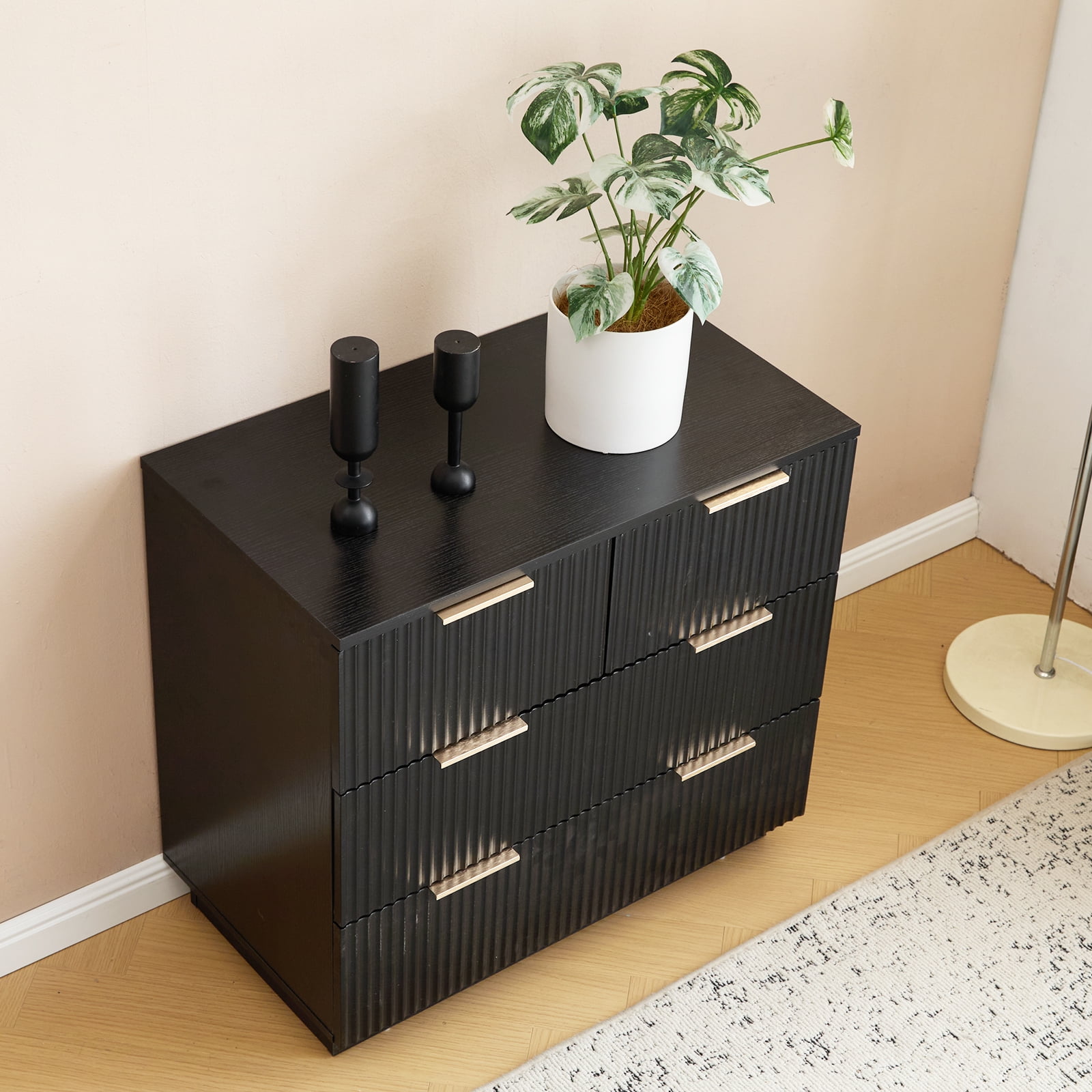 Four-Drawer Bedside Cabinet, Black P2 Particle Board and Density Board Wavy Pattern Drawer Front Three-Level