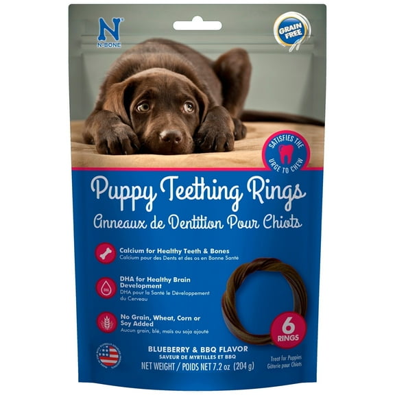 N-Bone Puppy Teething Rings, Dried Chew Rings for Puppy Dogs, Blueberry & BBQ Flavor, 6 rings, 7.2 oz, for Small and Large Dogs, Grain-Free