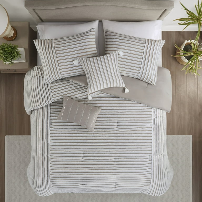 Madison Park Full Queen Striped Comforter Set 5 Piece Clipped Jacquard Bedding Set with Throw Pillows Natural Walmart