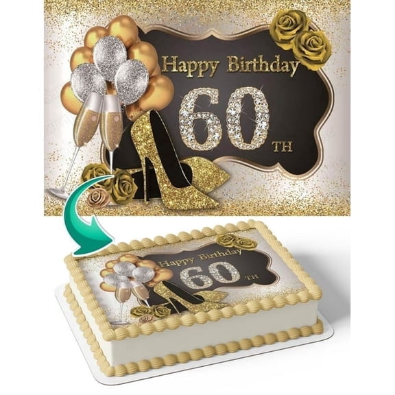 Silver and Gold Champagne Balloons Edible Image Icing Cake Topper for Quarter Sheet Cake, by TNCT