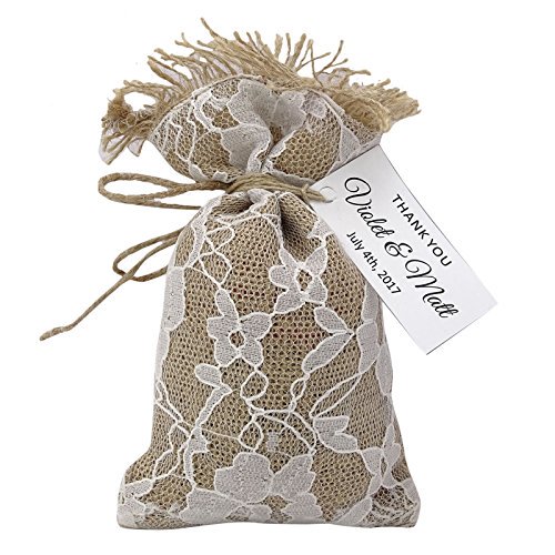 30 Burlap Drawstring Gift Bag Small Jute Pouch Wedding Party Rustic Favor Bags With Personalized Paper Tags 4" x 6.5"