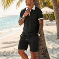 thumbnail image 6 of LTTVQM Men Relaxed Fit Summer Waffle Fabric Contrast Collar Polo Shirt Elasticated Drawstring Shorts Casual Resort Tracksuit Black M, 6 of 9