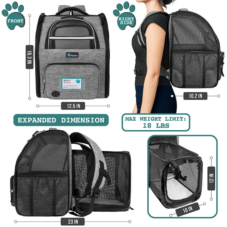 PetAmi Pet Backpack Carrier for Dog Cat, Expandable Cat Carrier Backpack  for Travel Hiking, Airline Approved Cat Backpacks For Small Medium Dog Puppy  Large Cat, Extended Dog Cat Carrier, Gray 