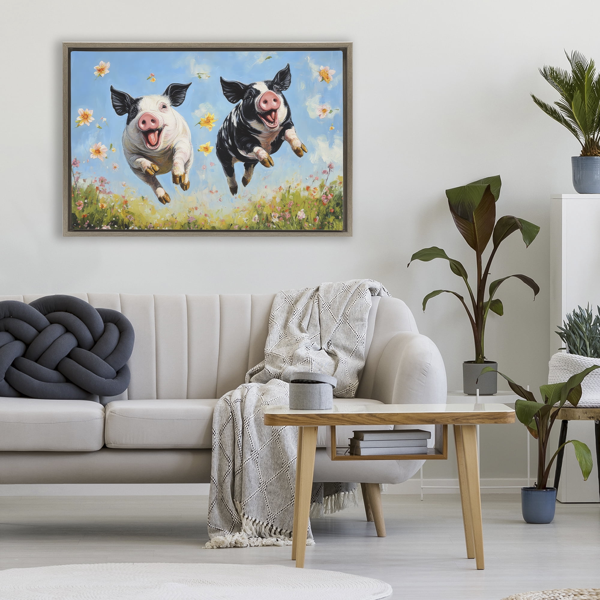 Stupell Industries Flying Pigs & Flowers Brown Framed Floater Canvas Wall Art, design by The Wands Want