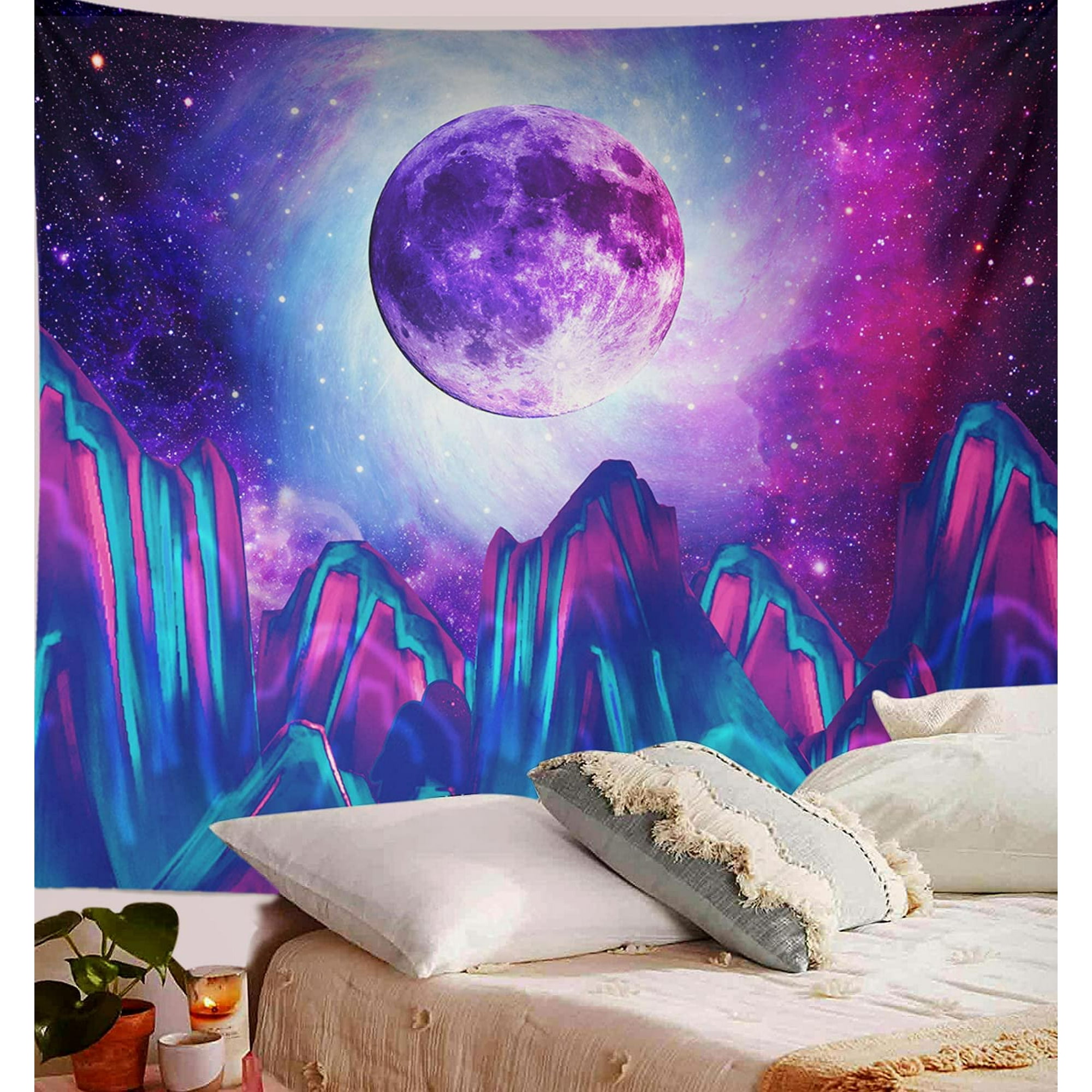 Trippy Psychedelic Tapestry Mountain Moon Tapestry Galaxy Star Tapestry Night Sky Universe Space Blue Starry Sky Wall Hanging Clouds Tree Aesthetic Wall Art for Bedroom Teen Girl Living Room 60x80 Wal...