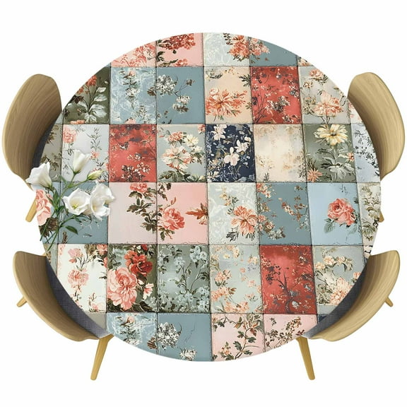 Spring Floral Fitted Tablecloth with Elastic Edged, Round Table Cloth for Dining Table, Elegant Summer Botanical Farmhouse Plaid Waterproof Oil Proof Table Cover for Indoor Outdoor 55"-60"