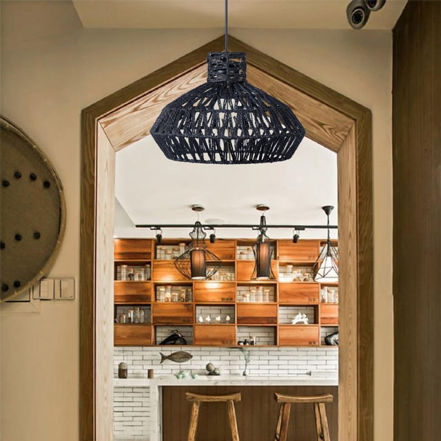 Cubierta de farol de techo, accesorios de iluminación DIY, lámpara colgante, pantalla tejida de cuerda para granja, pasillo, casa de té, mesa de comed negro