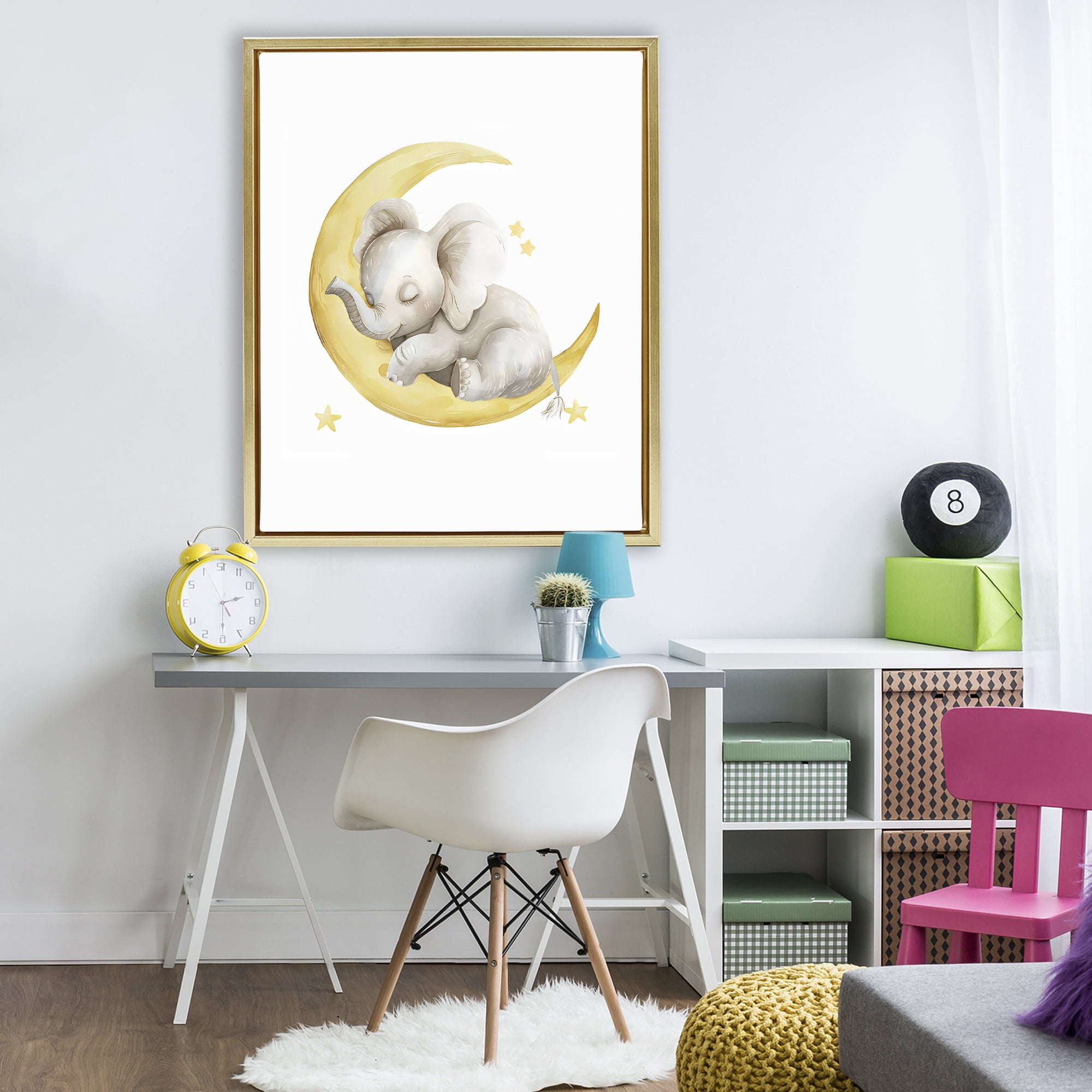Stupell Industries Sleeping Elephant on Yellow Moon Gold Framed Floater Canvas Wall Art, design by LSR Design Studio
