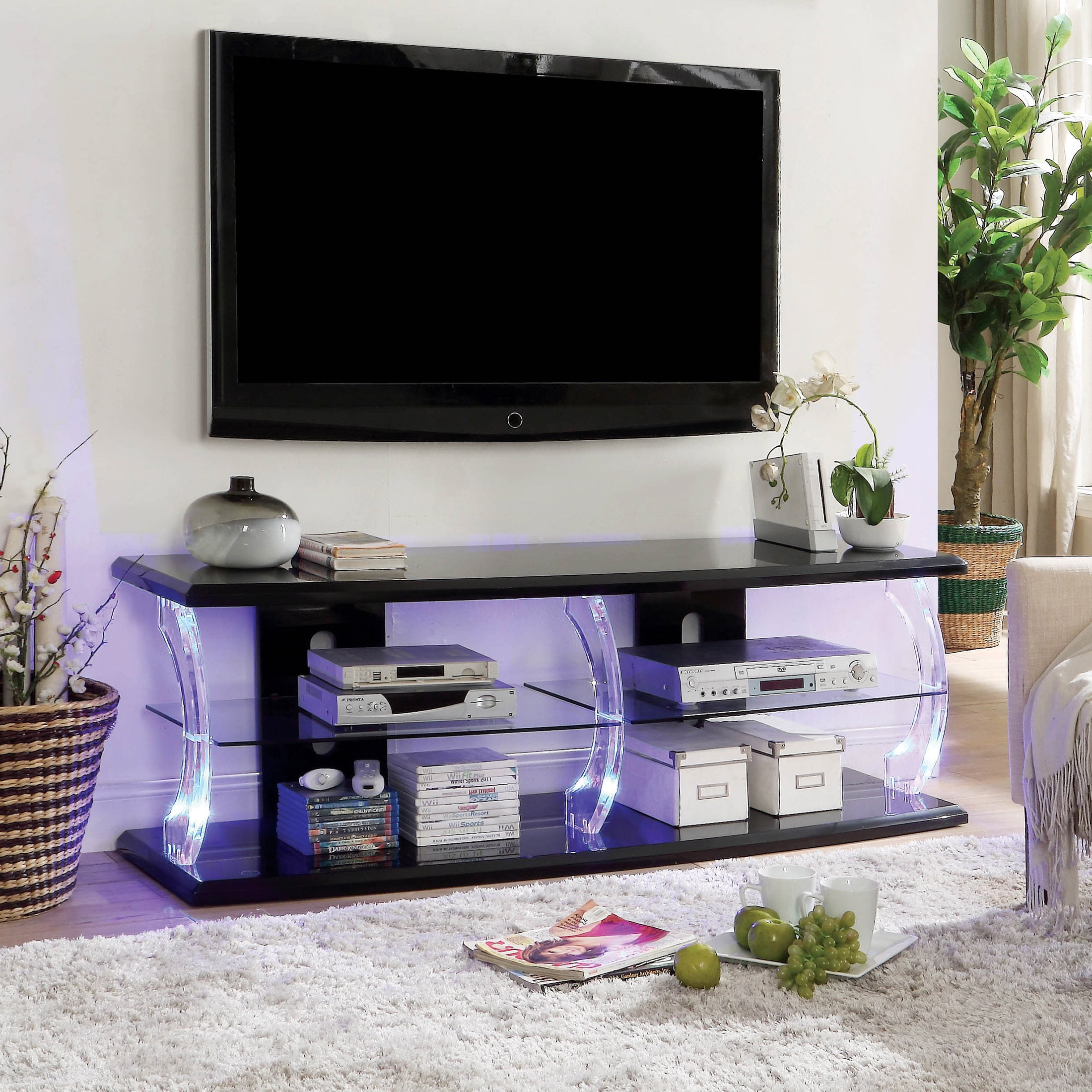 Furniture of America Vedot TV Stand for TVs up to 66" with LED, Black