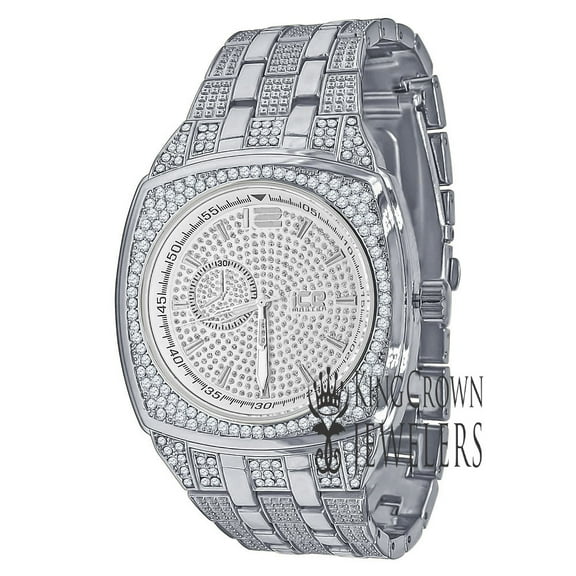 14K White Gold Finish Simulated Diamonds Stainless Steel Back Analog Metal Band Mens Watch