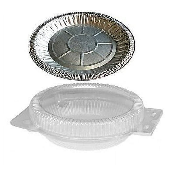 Durable Packaging International 10" Aluminum Foil Pie Pan Plate Tin 1-3/16" Deep w/Clear Plastic Clamshell (pack of 50)