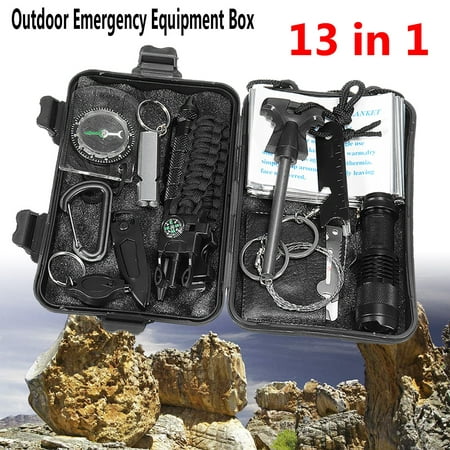 13 in 1 Outdoor Survival Kit Multi-Purpose Emergency Equipment Supplies First Aid Survival Gear Tool camping Updated Tactics Kits Set Package Box for Outdoor Travel Hiking