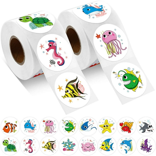 1000 pegatinas redondas de animales marinos, 16 diseños diferentes, pegatinas de animales marinos, pegatinas de animales de dibujos animados, pegatinas de motivación de recompensa para profesores para niños ER