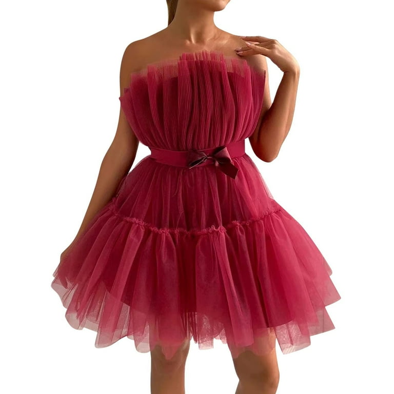 IDALL Prom Dresses Formal Dresses European And American Tube Top Style Mesh Temperament Bowknot Tutu Dress For Women Cocktail Dresses Graduation
