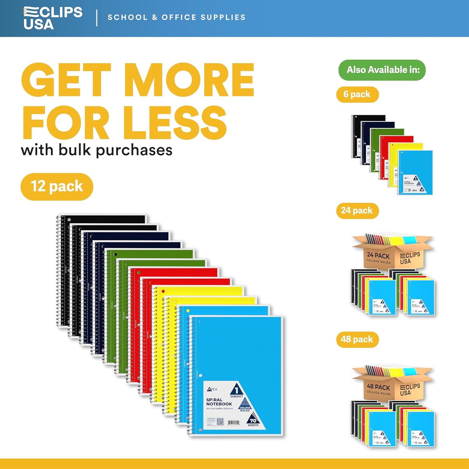 VEEBOOST 70-Sheet College-Ruled Spiral Notebook with Perforated Sheets, 6 Assorted Colors, 12-Pack