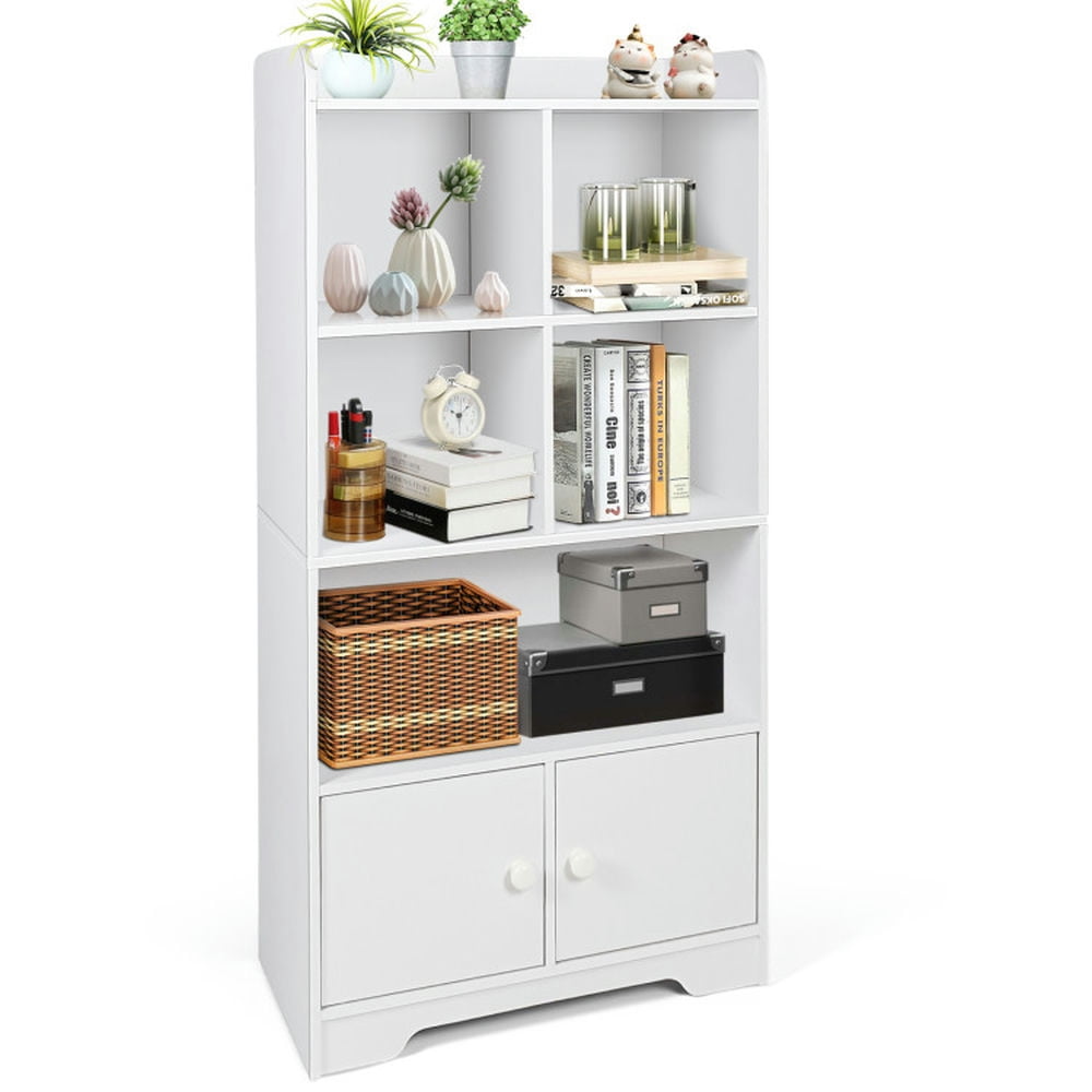 Demi Bonn 4 Tiers Wood Storage Bookcase with 4 Cubes Display Shelf and 2 Doors, White