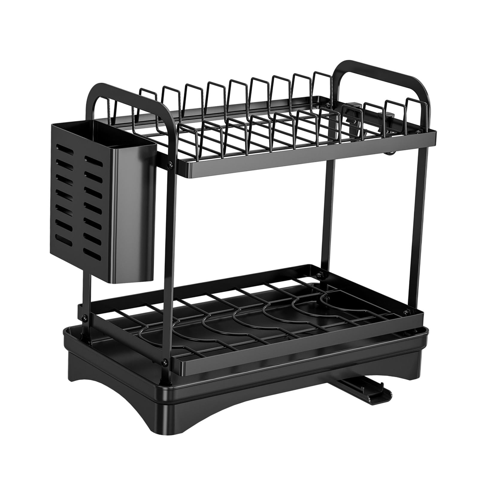 Fiocias 2 Layer Kitchen Dish Drying Rack Space Saving Carbon Steel Drainer with Tray for Black