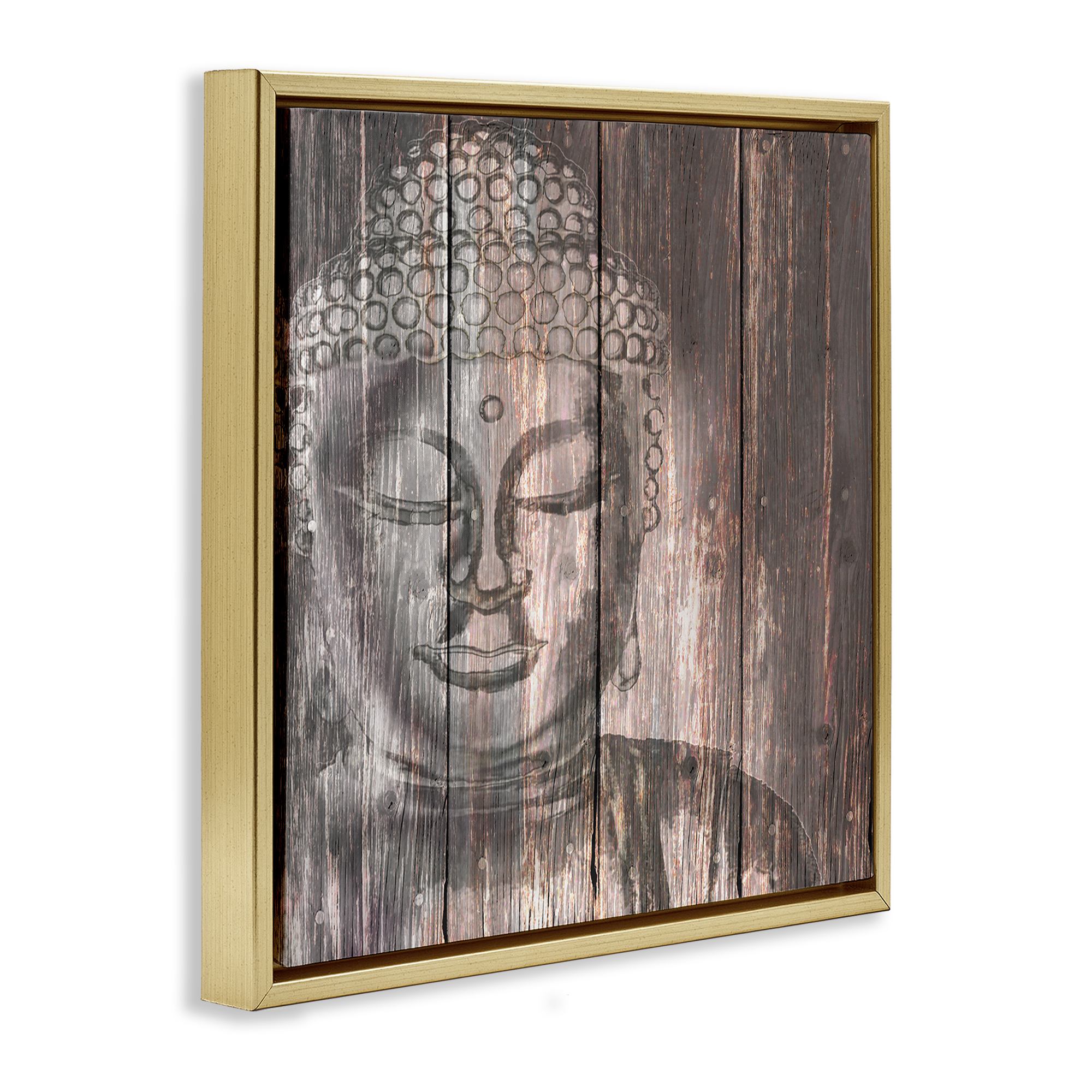 Stupell Industries Rustic Buddha Face Religious & Spiritual Painting Gold Floater Framed Canvas Art Print Wall Art, 18 x 18