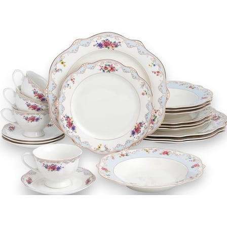 Bone China Dinnerware Set "Flowers of Love" 4-person 20-piece, Floral with Blue and Gold Trim