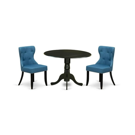 East West Furniture East-West Furniture DLSI3-BLK-21 - A dining room table set of two amazing indoor dining chairs with Linen Fabric Mineral Blue color and a fantastic wood pedestal kitchen table...