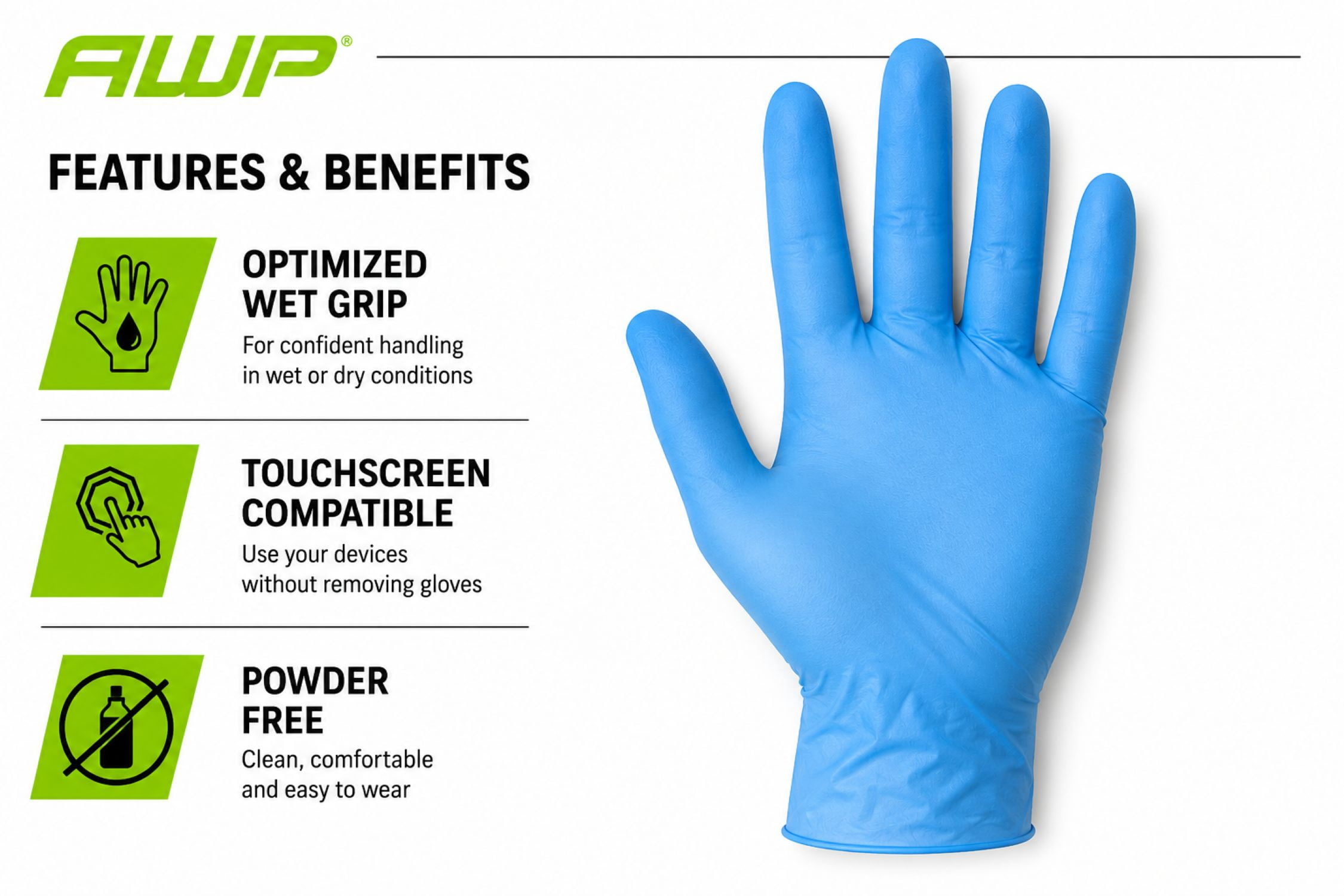 (3 pack) AWP Pro Paint Nitrile Gloves Unisex Disposable Latex-Freen Touchscreen Compatible, Blue, 12 Count