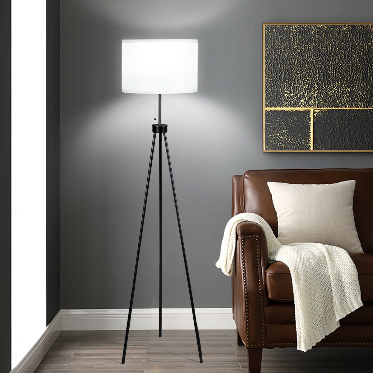Gymax Modern Metal Tripod Floor Lamp White Fabric Shade w/ Chain Switch Home & Office