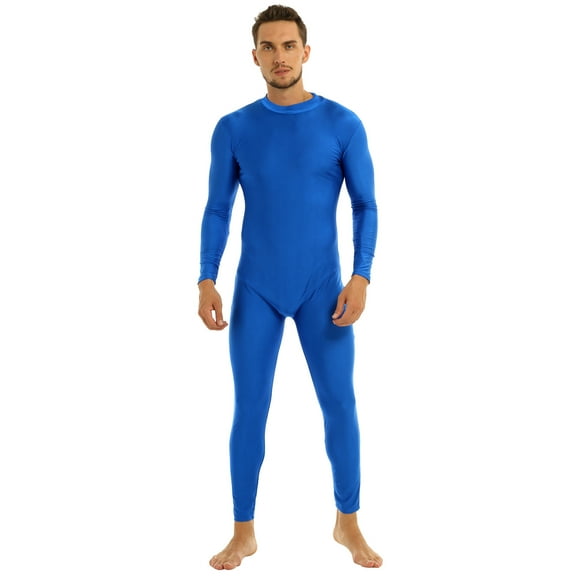 Xnihocha Men's Jumpsuit Spandex Long Sleeve One Piece Unitard Zentai Bodysuit Dancewear Zipper Catsuit Blue XL
