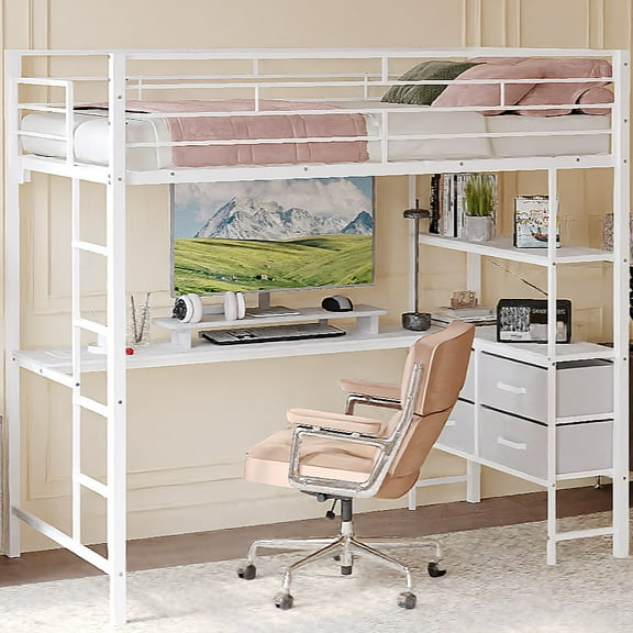 Ktaxon Twin Loft Bed with L Shaped Desk, Bed Frame with LED Light and Charging Station, Bedroom Space Saving for Kids, Adult, White