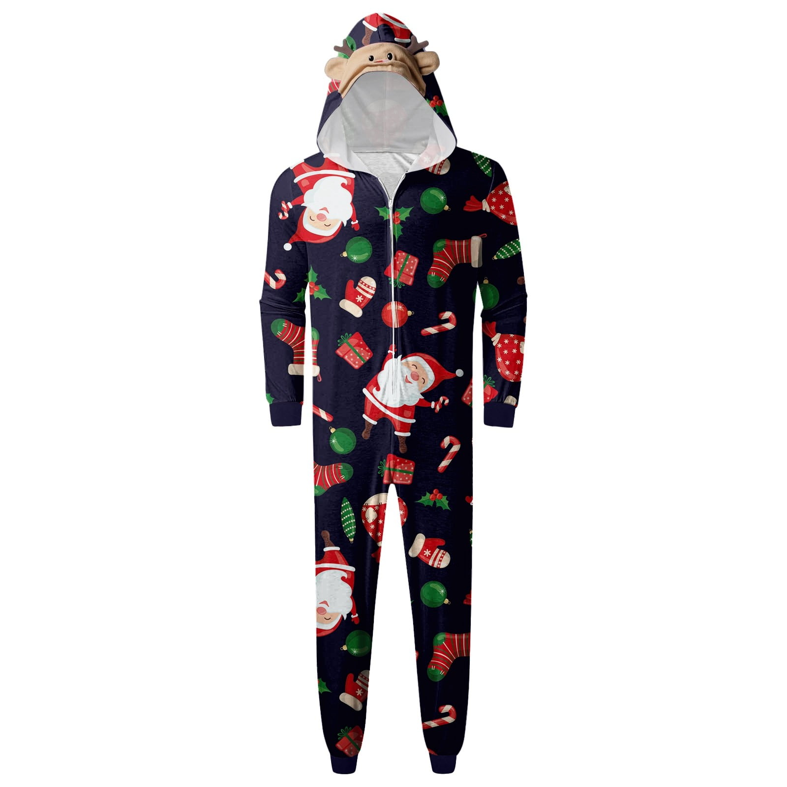 CUZIBR Christmas Family Pajamas Hooded Full Zipper Up Sleepwear Outfits Long Sleeve Cute Snowflake Print One Piece Jumpsuits Loungewear For Dad,Navy,Xxl