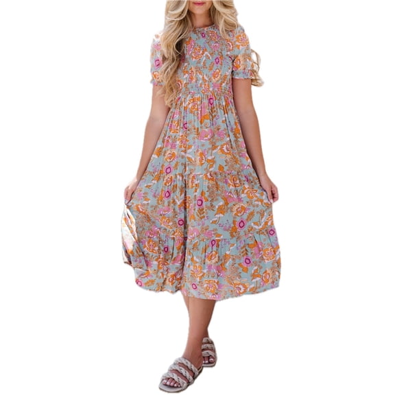 Women's Floral Flounce Sleeve Round Neck Midi Dress with Soft Viscose % Fabric for Chic Everyday Wear for a neat fit
