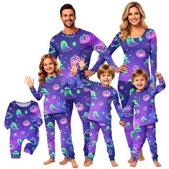Matching Halloween Pajamas Set for Whole Family, Breathable Long Sleeve Halloween Family Pajamas with Green Ghost Pumpkin Print, Fun Family Halloween Pajama Set Party