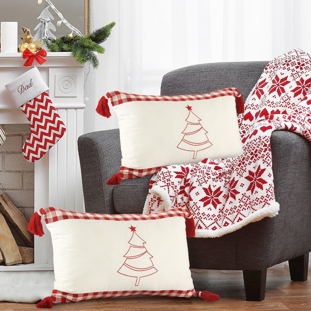 LR Home Merry Cotton Poly Filled Pillow in White/Red, 16" x 24"