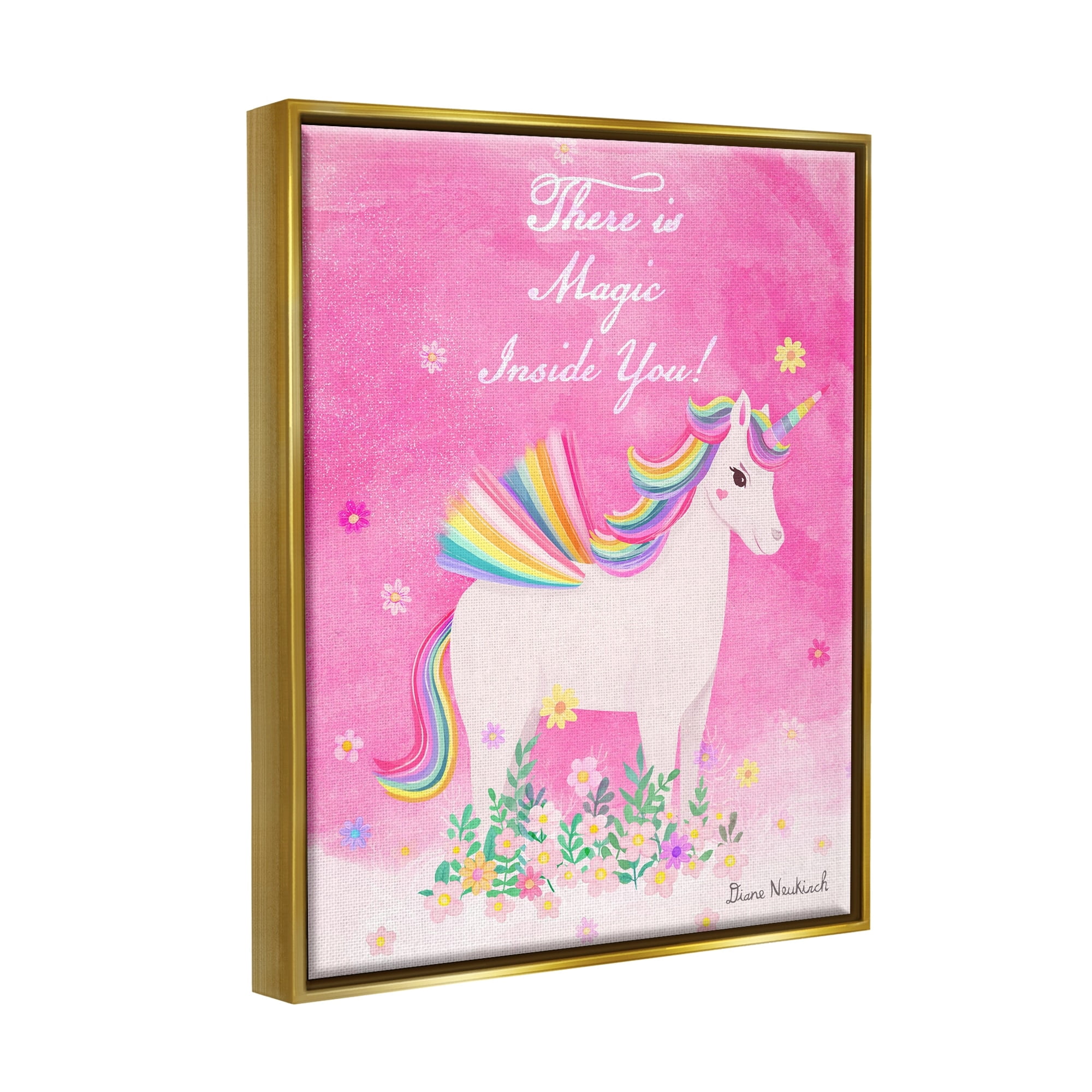 Stupell Industries Magic Inside You Motivational Unicorn Quote Botanical Blossoms Graphic Art Metallic Gold Floating Framed Canvas Print Wall Art, Design by Diane Neukirch