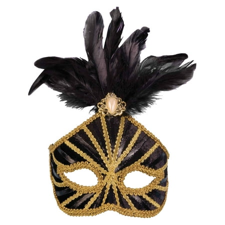 Deluxe Costume Unisex Black And Gold Venetian Carnival Mask With Feather Plume