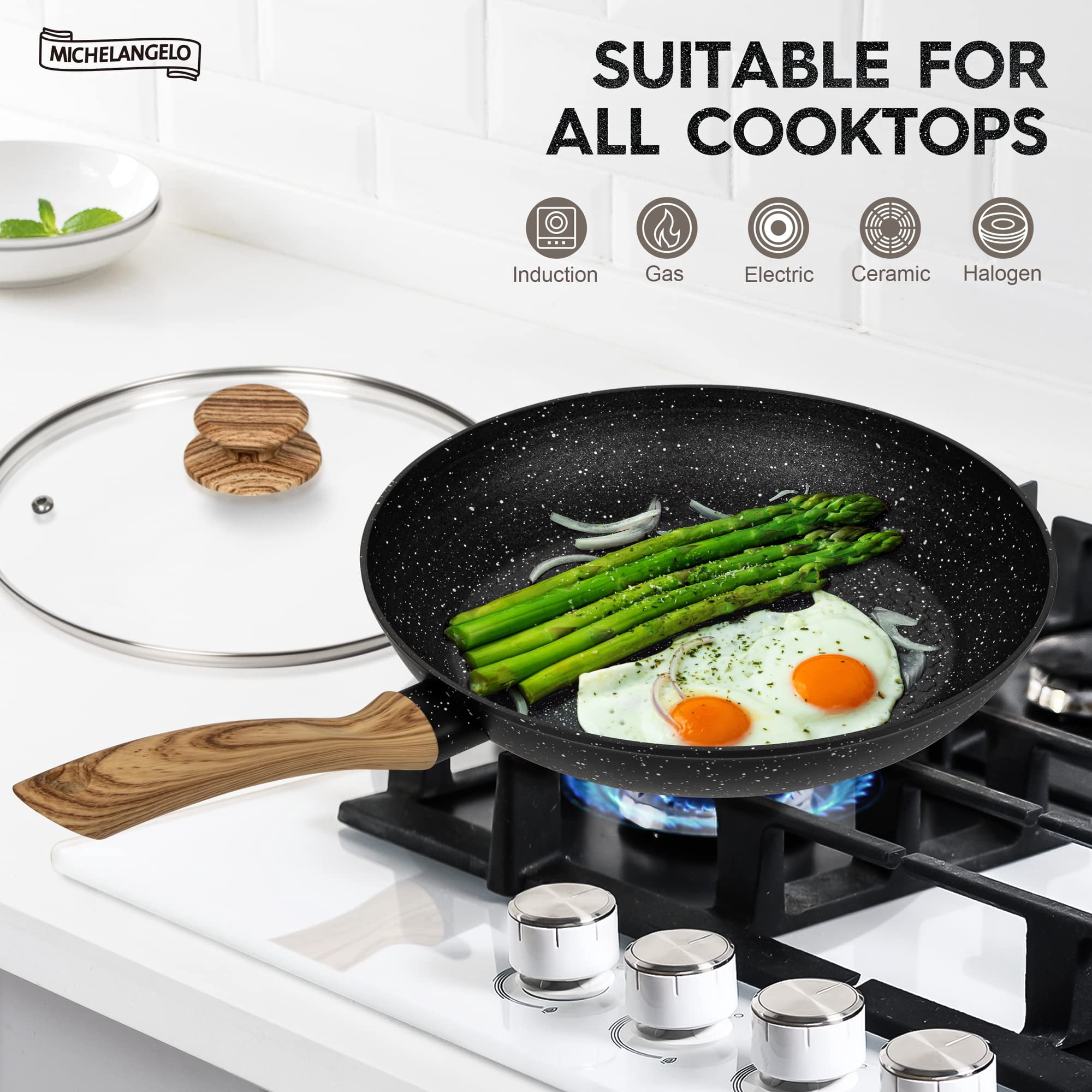 MICHELANGELO 8 Inch Stay-Cool Handle Induction Compatible Frying Pan with Healthy Nonstick Coating Lid