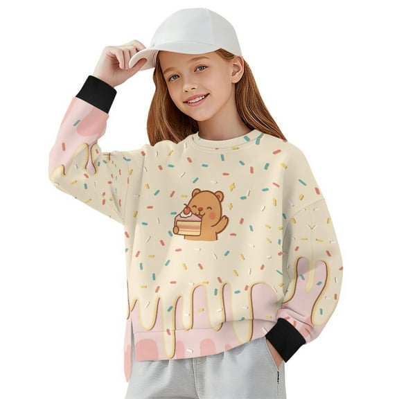 Xoenoiee Bear Cake Ice Cream Print Oversized Sweatshirt for Girls Loose Fit Crewneck Side Slit Pullover Casual Long Sleeve Sweaters Tunic Tops, 13-14 Years
