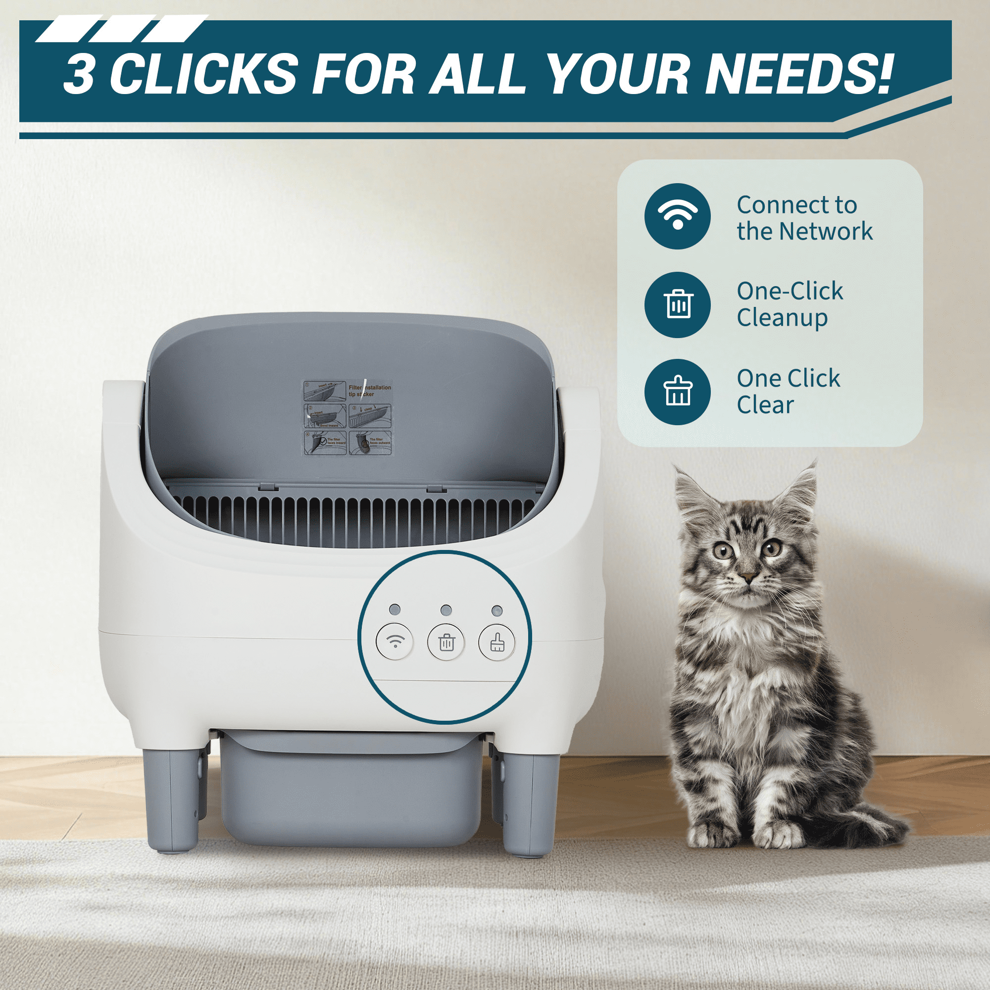 Garvee Automatic Self Cleaning Cat Litter Box, Open Top Smart Litter Box with App & WiFi Control, Odor Control, Ultra Quiet, Safety Sensors for Multiple and Large Cats (Light Gray)