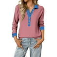 thumbnail image 2 of KDDYLITQ Womens Denim Collar Sweater Button Up Denim Patchwork Sweatshirts Color Block Denim Collar Cuffs Top 2025 Fashion Pullover Pink L, 2 of 4