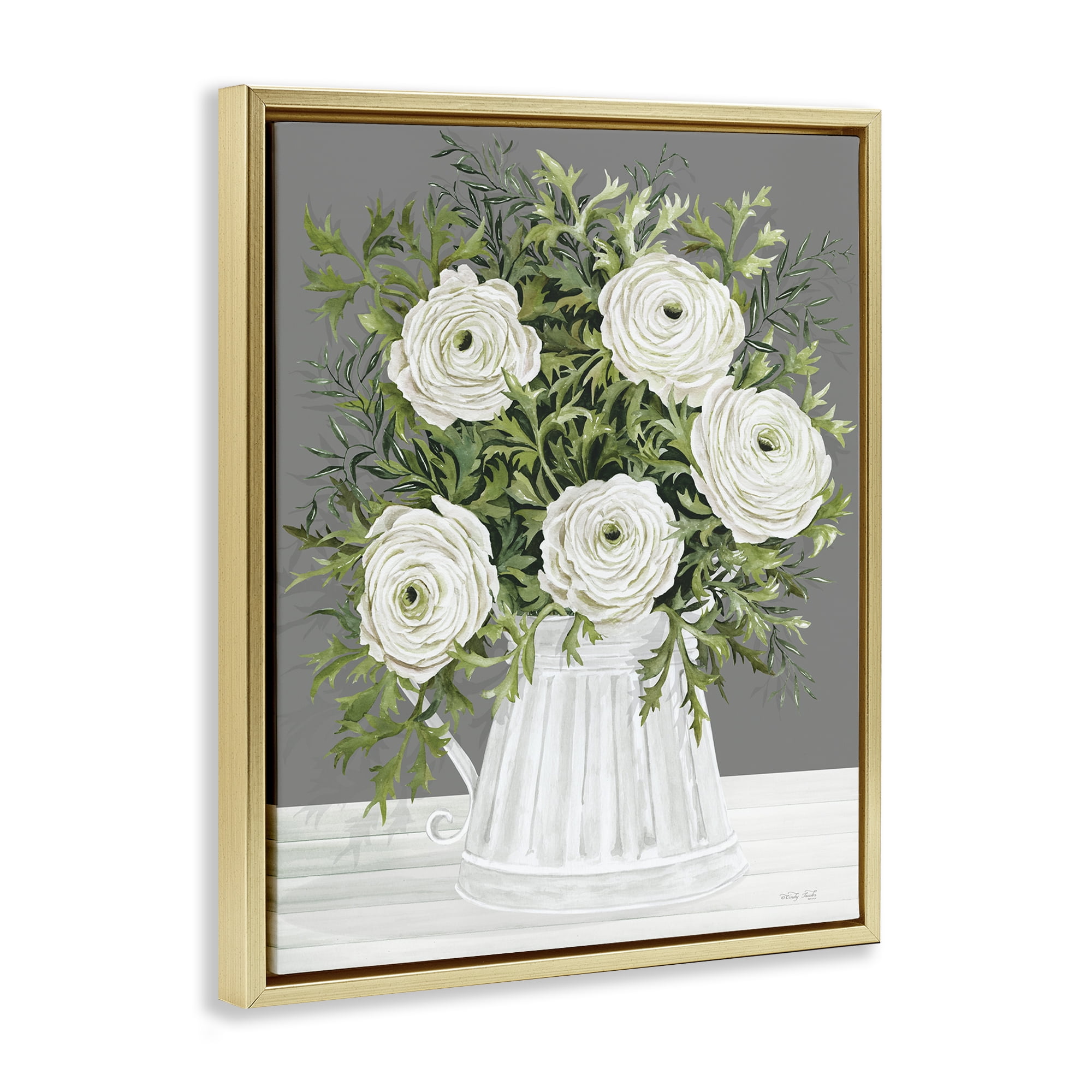 Stupell Industries Peonies in Country Vase Botanical & Floral Painting Gold Floater Framed Art Print Wall Art, 17 x 21