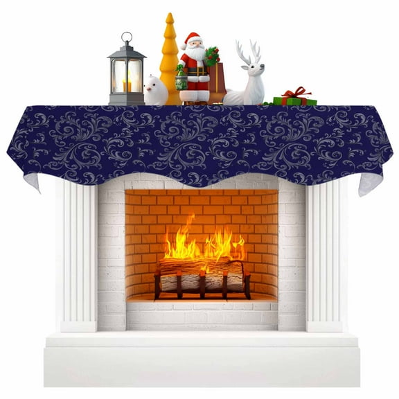 Navy Blue Floral Fireplace Mantle Scarf, Vintage Farmhouse Abstract Flowers Mantel Cover Table Runner for Home Living Room Door Window, Indoor Outdoor Holiday Party Decor 17" x 70"