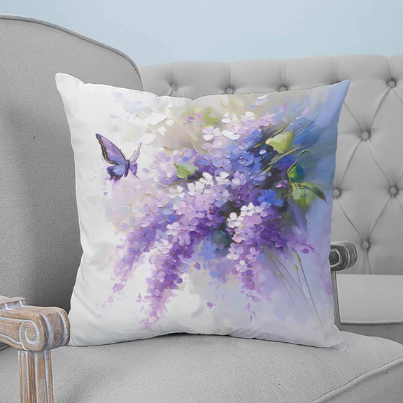 Lavender Throw Pillow Covers, Soft Pillowcases with Invisible Zipper, Watercolor Purple White Floral Botanical Butterfly Square Pillow Cushion Covers for Living Room Couch Sofa Bed 20x20 Inches