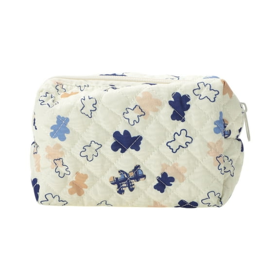 Unique Bargains 1 Pc Quilted Square Flowers Makeup Bag Beige Polyester