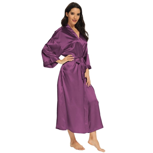 Mizzgenio Batas Largas De Seda Para Mujer, Tallas Grandes, Kimonos Largos De Satén, Batas Largas De Talla Grande, Color Morado, 4Xl-5Xl Plus